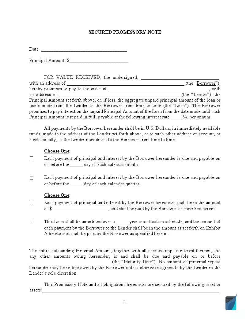 Free Secured Promissory Note Template Collateral Formspal 1203