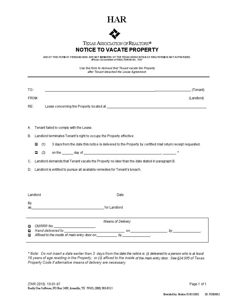 free texas 3 day eviction notice form pay or vacate formspal