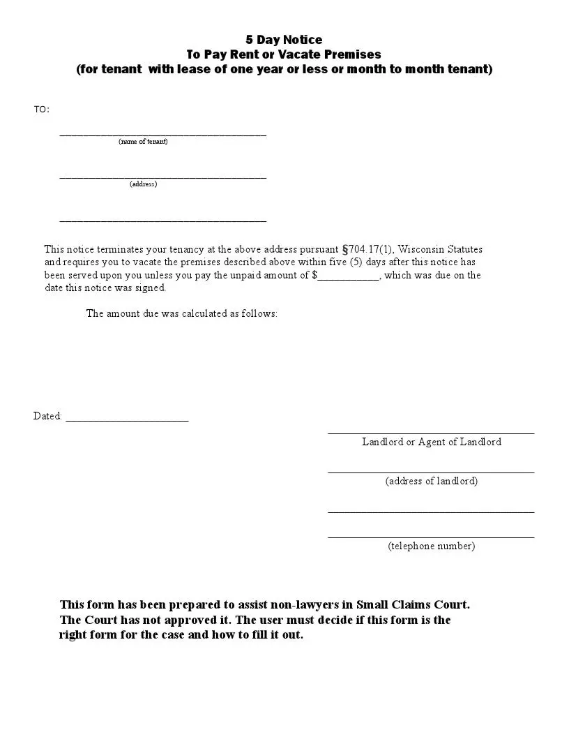 free wisconsin 5 day eviction notice form pay or quit formspal