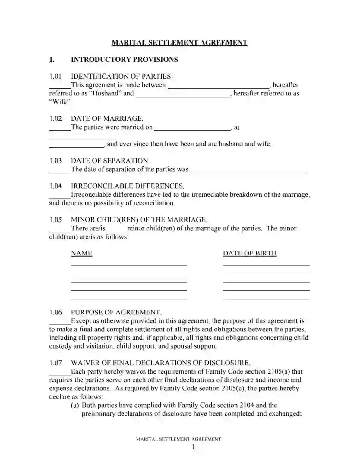 California Divorce (Marital) Settlement Agreement Form [PDF]