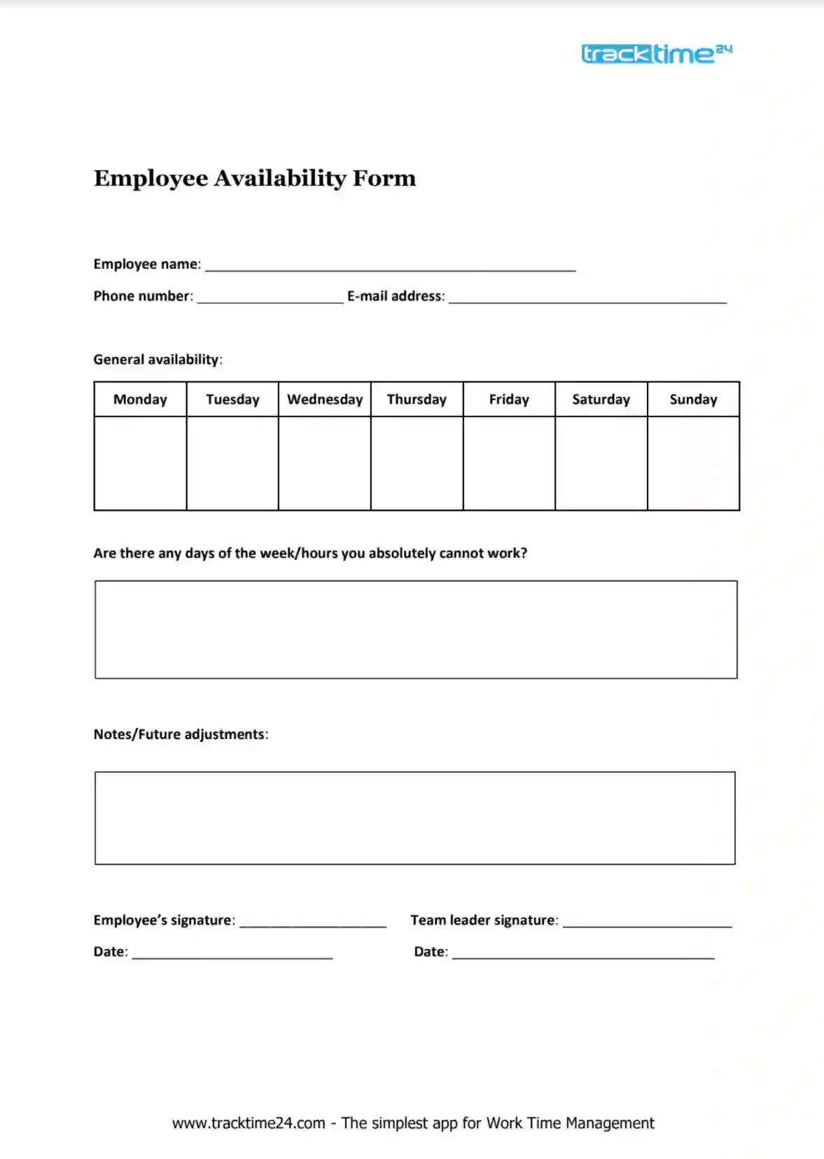 Employee Availability Form Fill Online Printable Fill