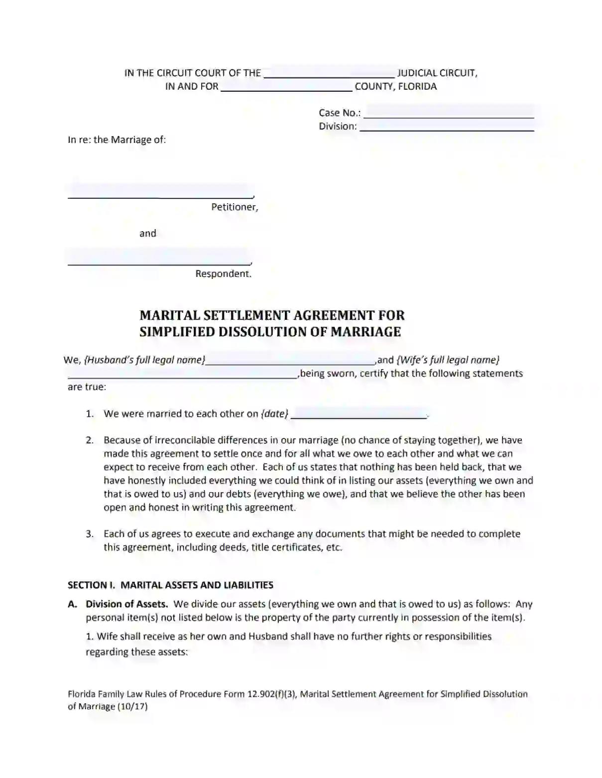 Florida Divorce (Marital) Settlement Agreement Form [PDF] Intended For divorce mediation agreement template