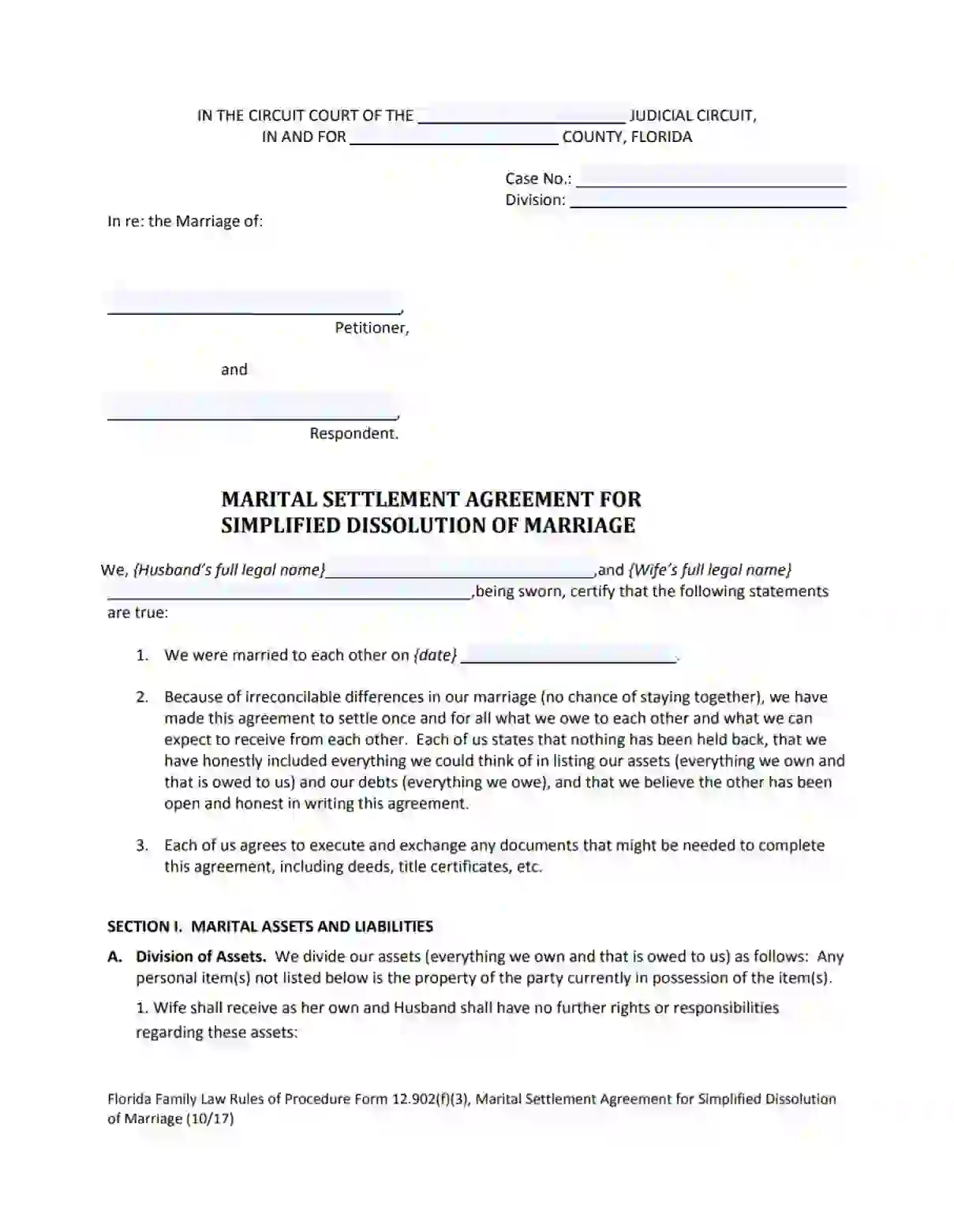 florida divorce marital settlement agreement form pdf