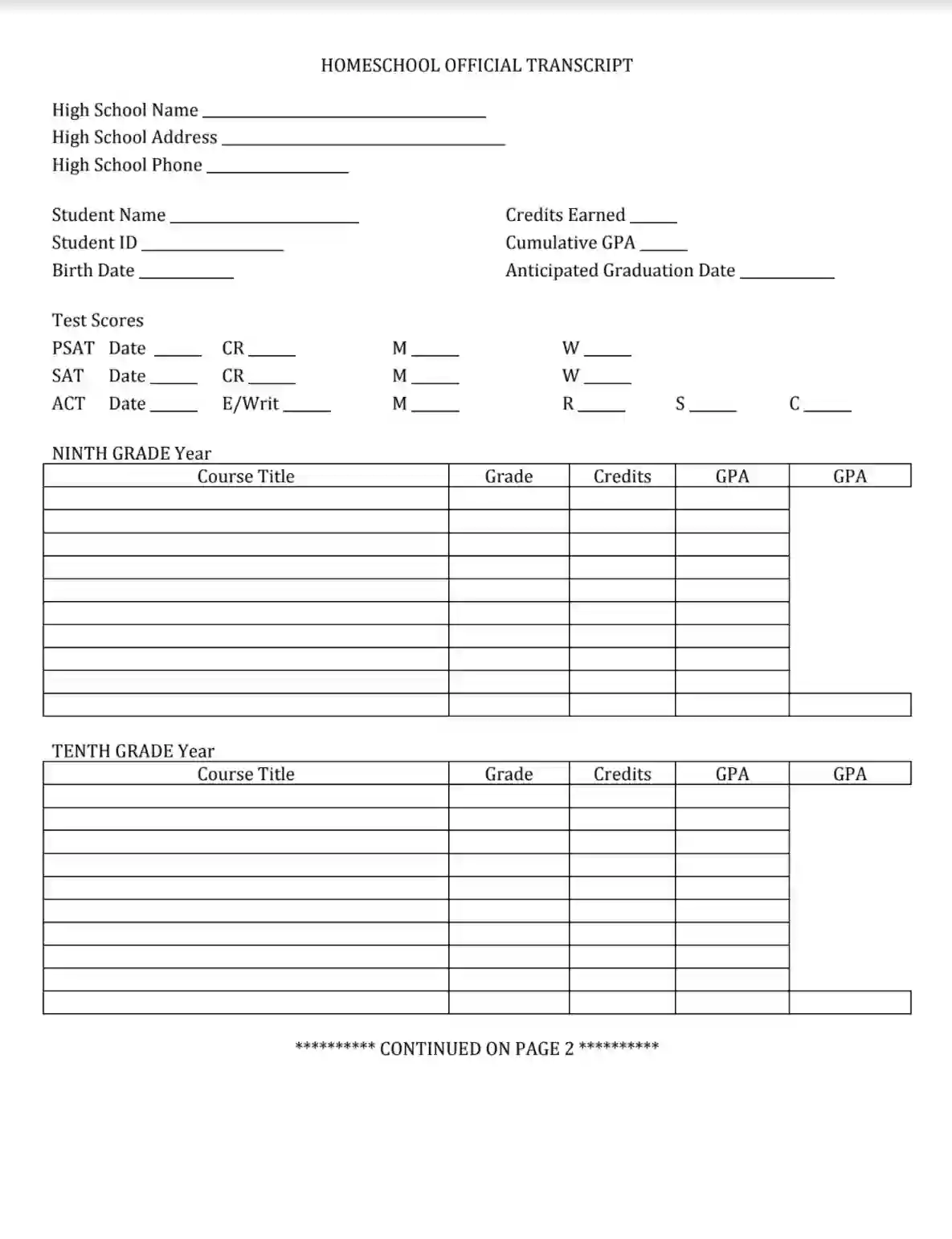 Free Printable High School Transcript Form For Beauregard High School ...