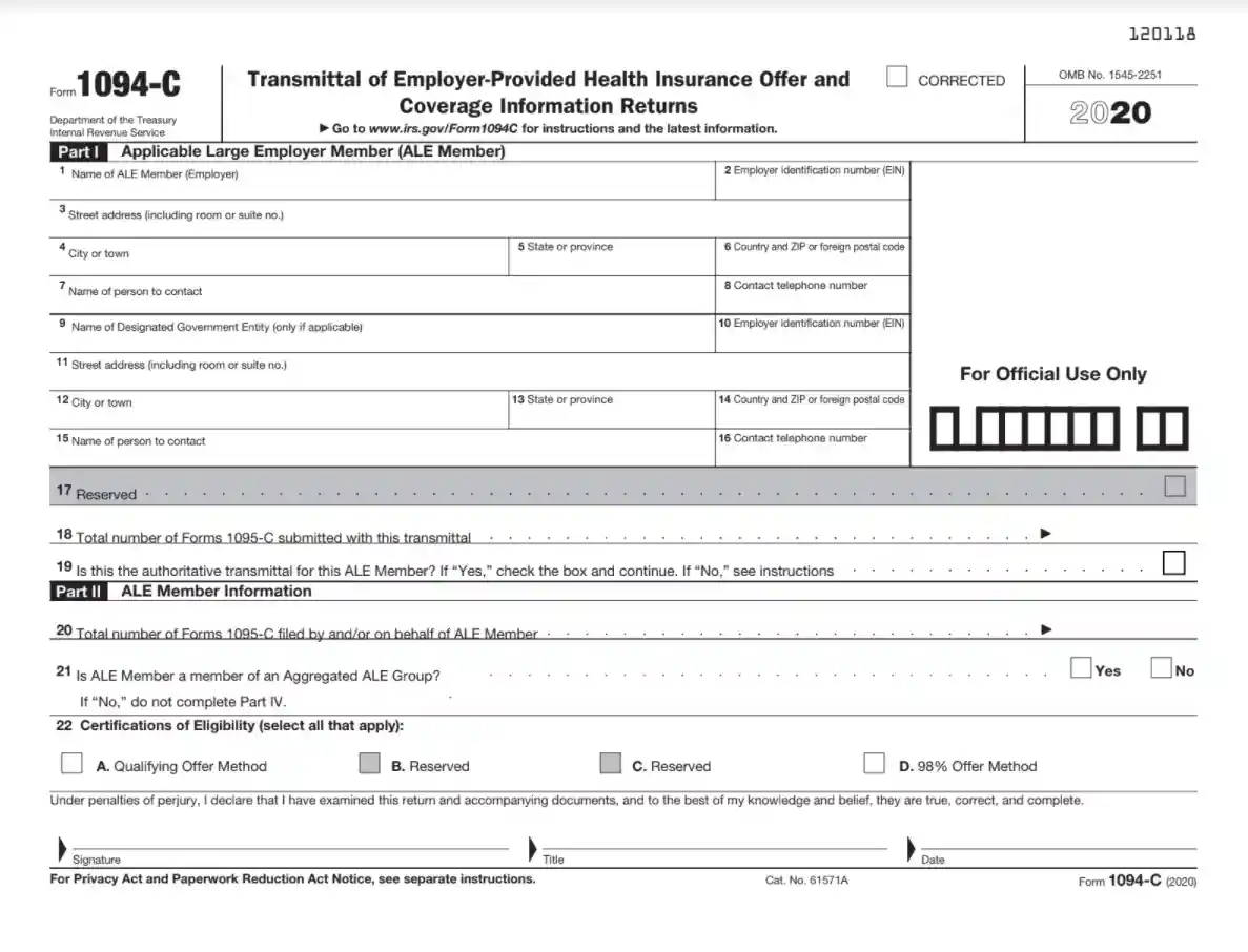 Irs Form 1094 C Fill Out Printable Pdf Forms Online