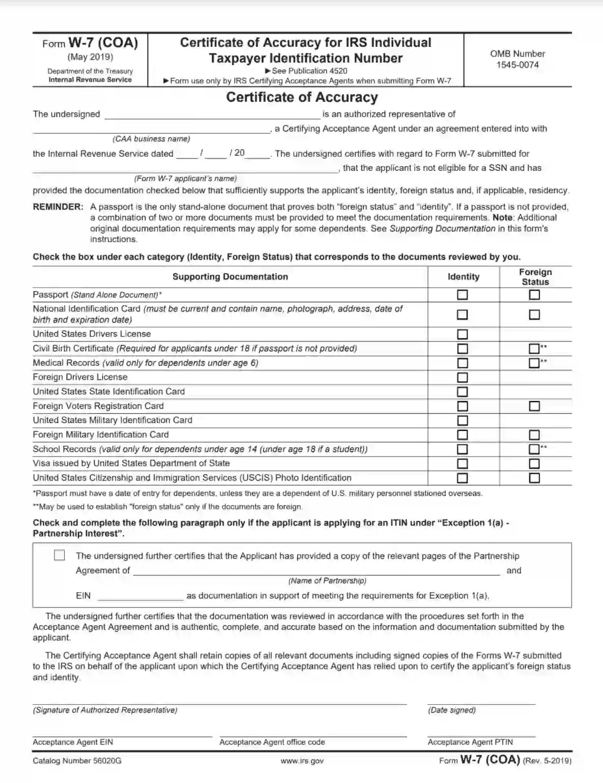 irs form w 7 (coa)