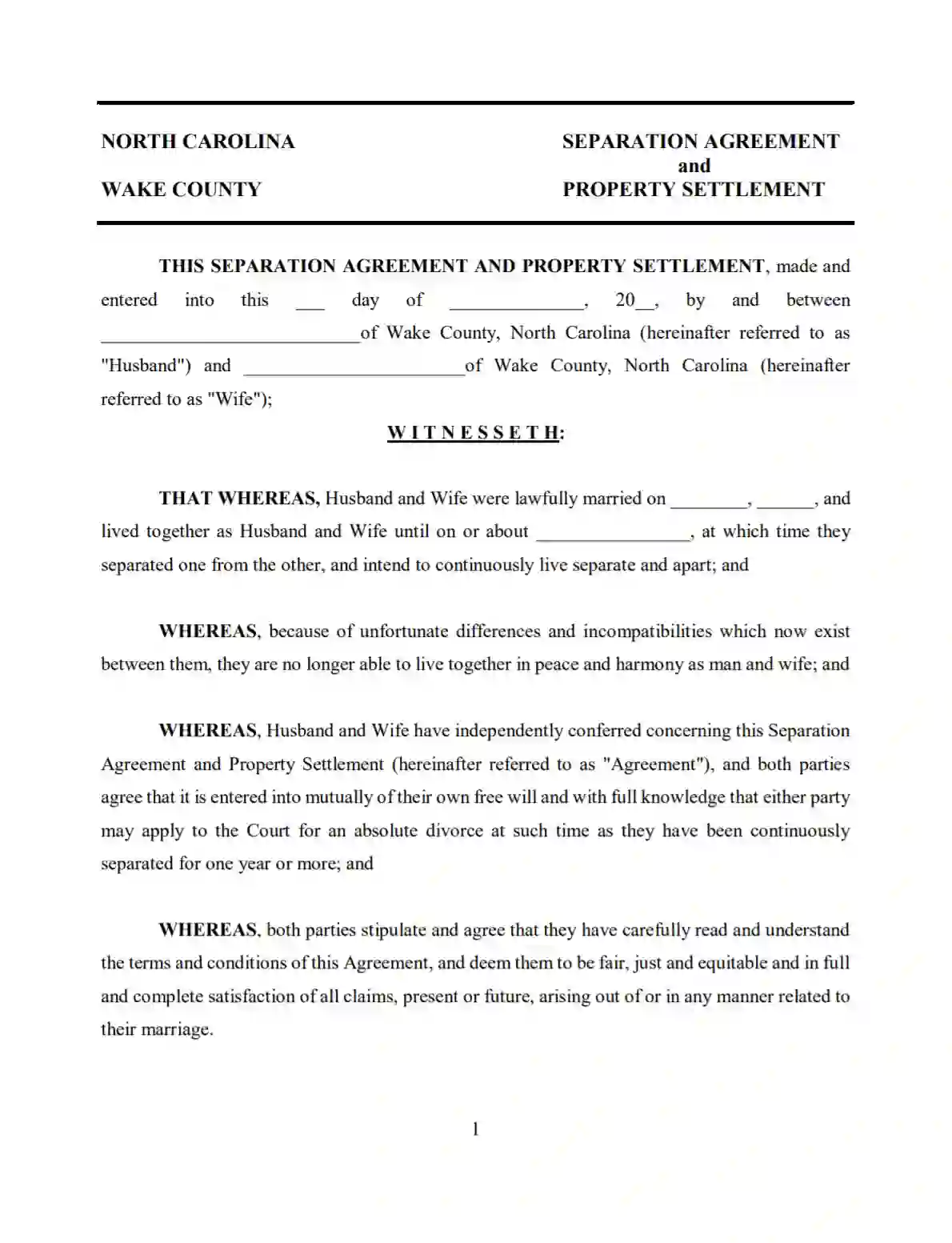 north carolina marital settlement agreement