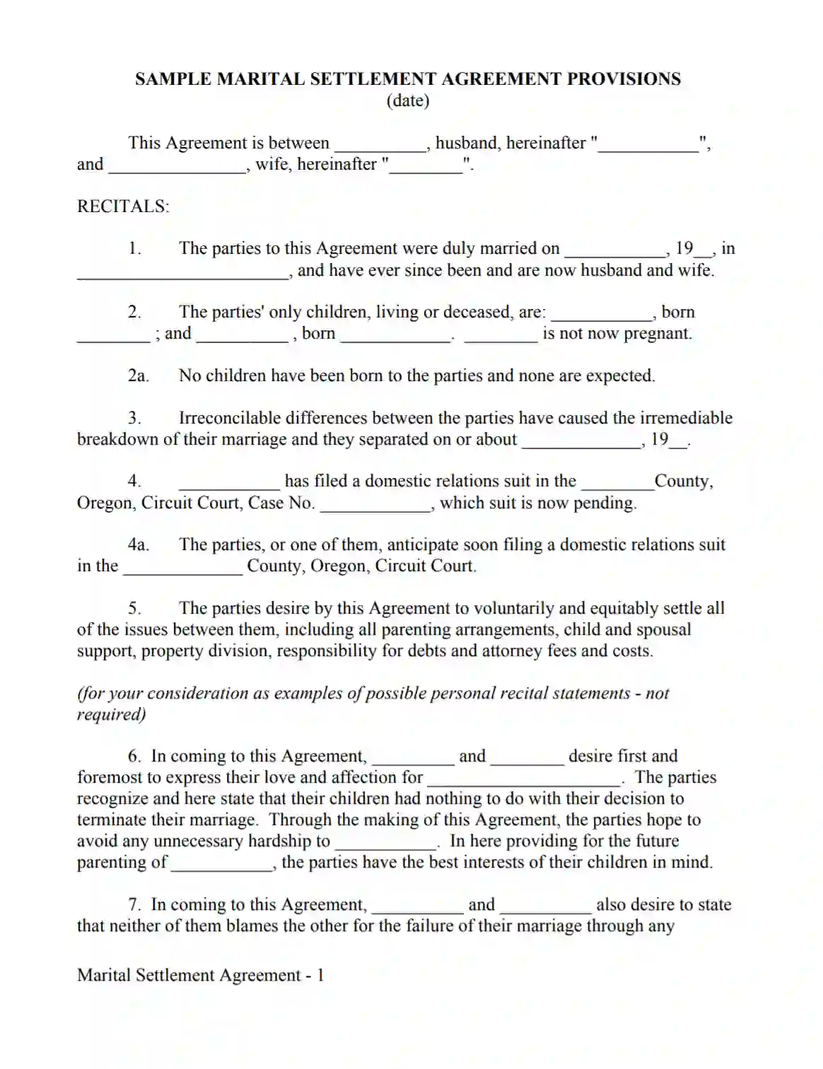 oregon marital settlement agreement