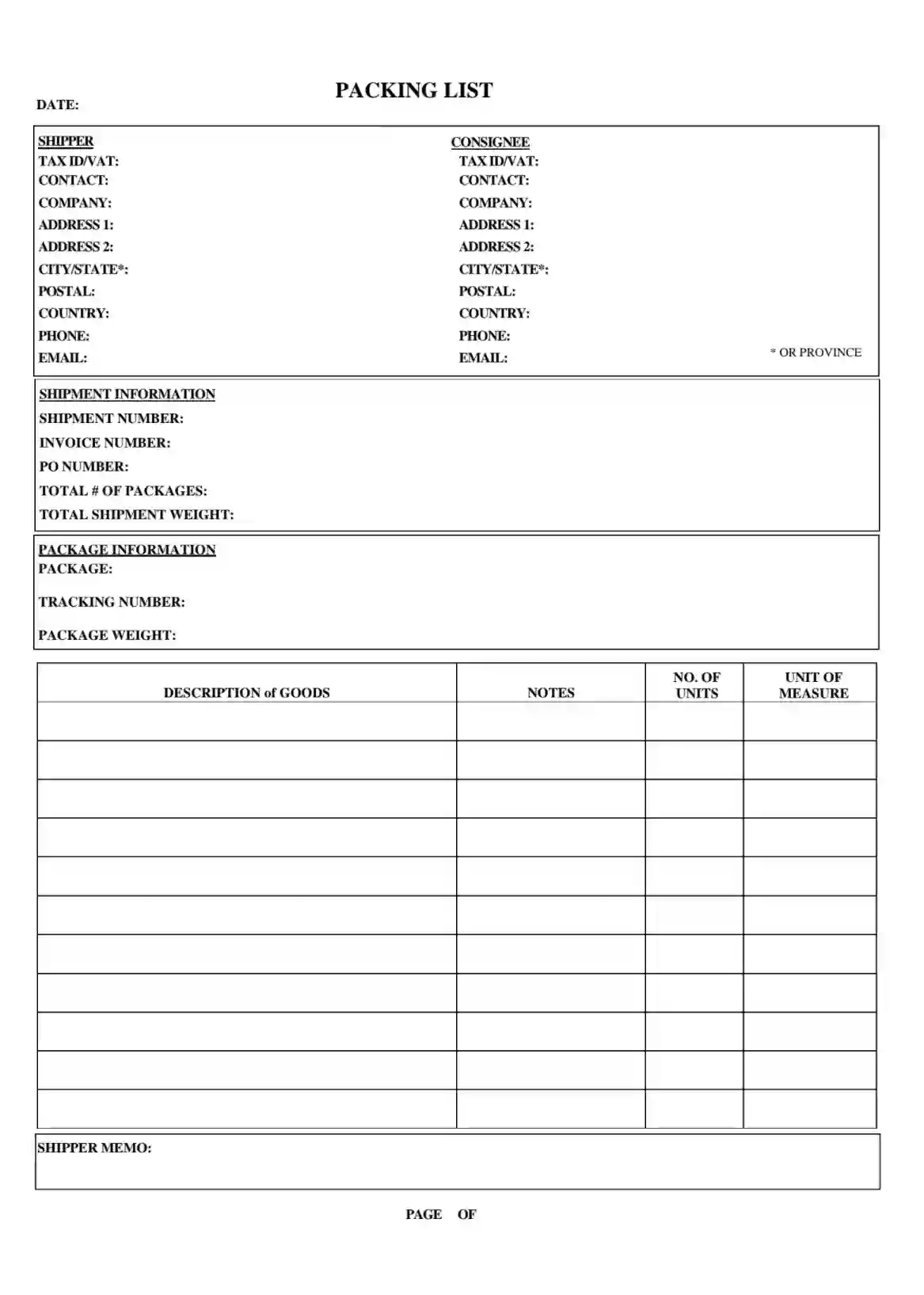 Packing List Template Fill Out Printable PDF Forms Online