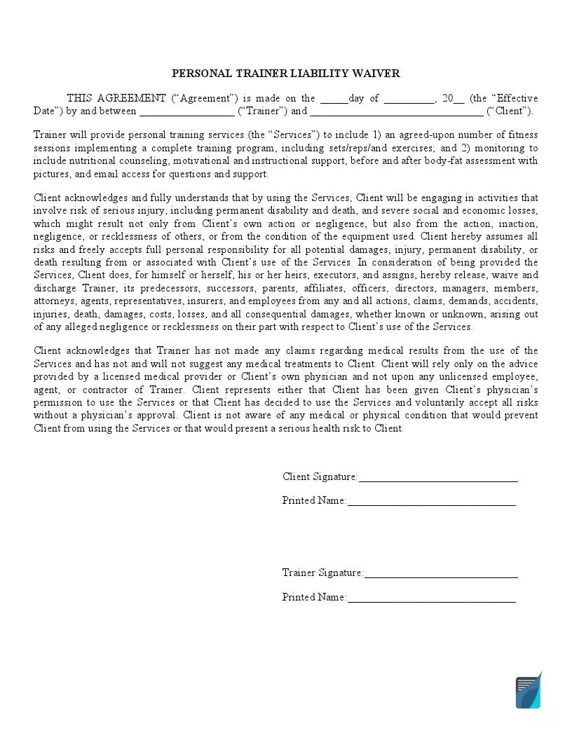 personal trainer liability waiver form