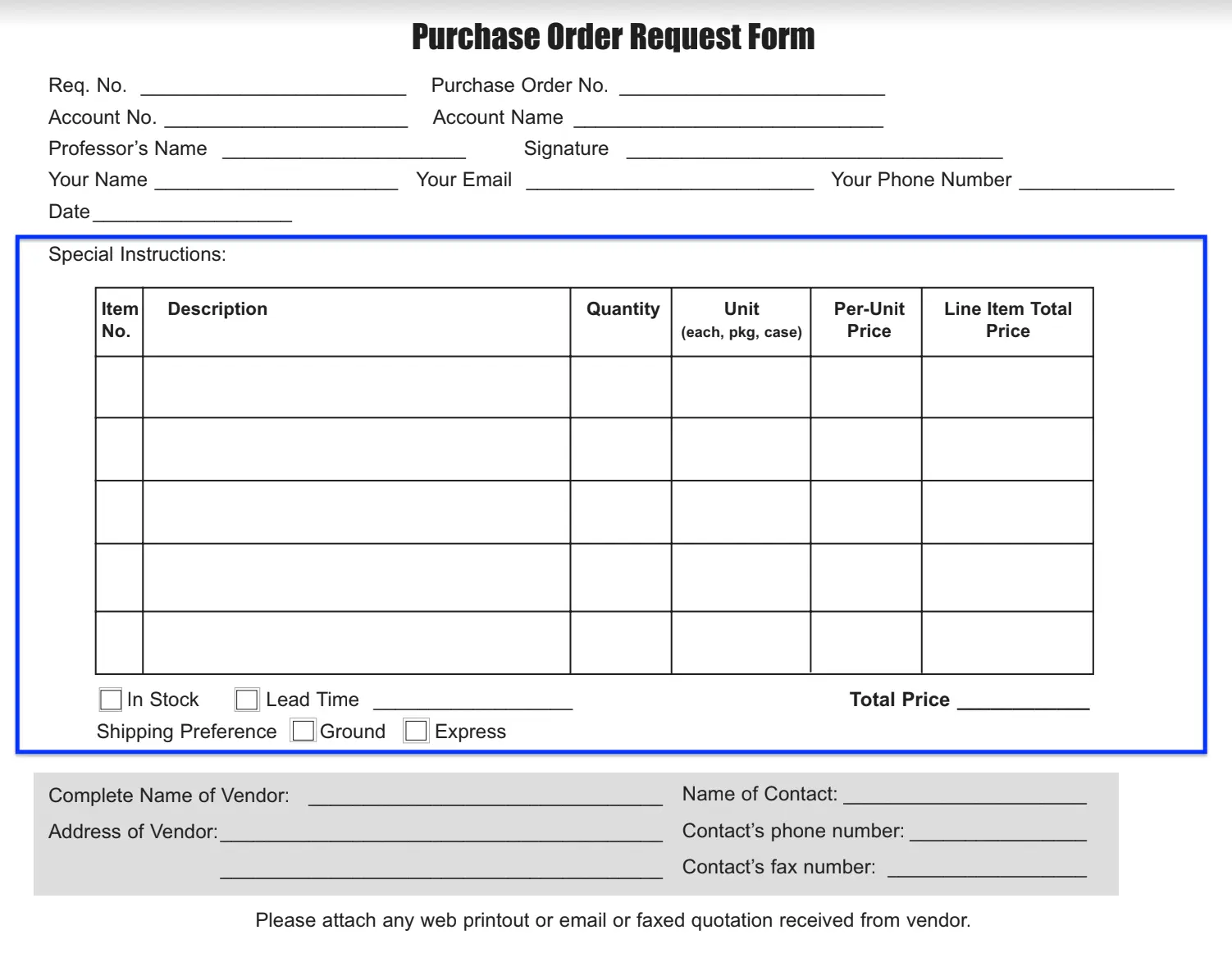 Order Request Form