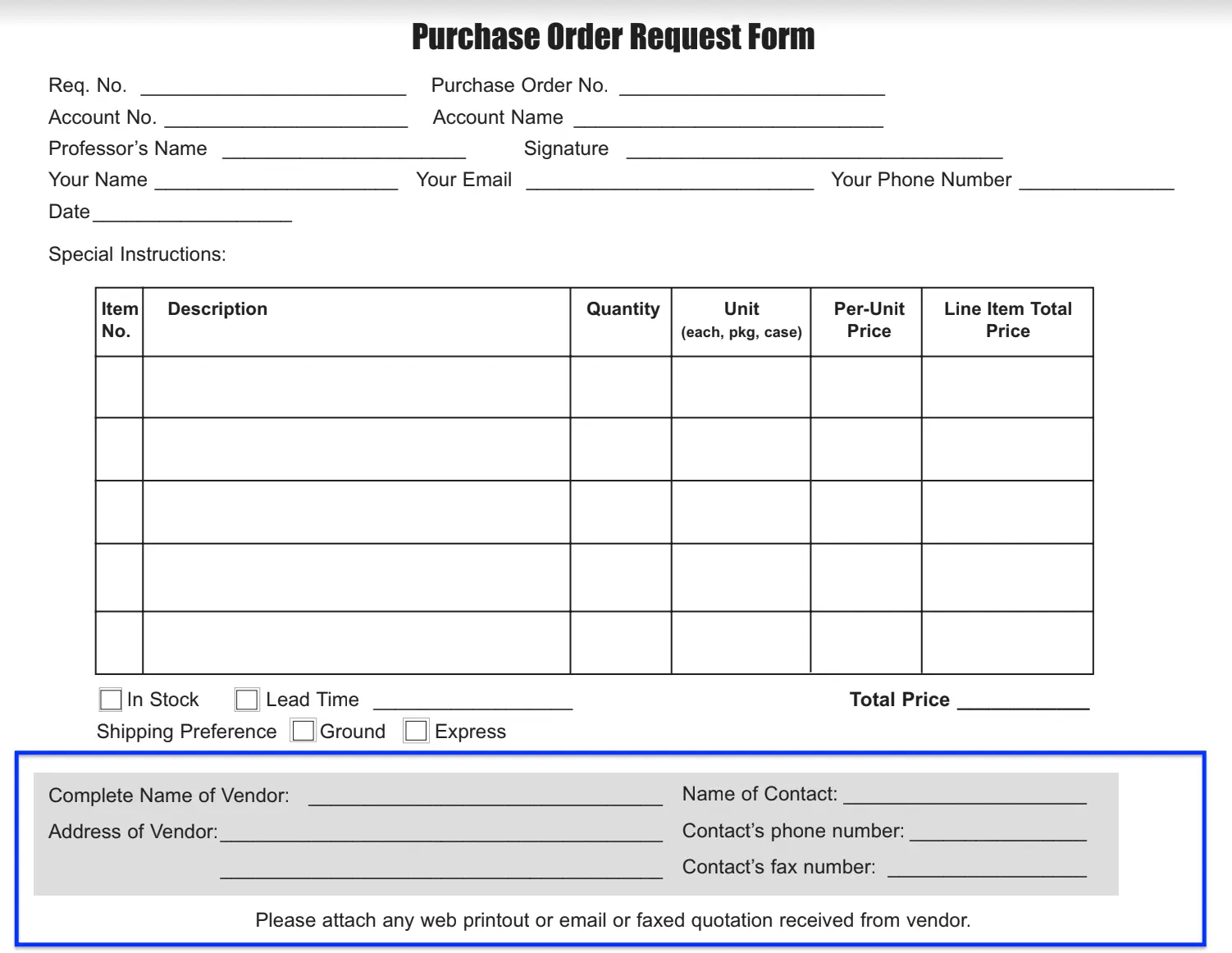 Simple Purchase Order Form Simple Purchase Order Form