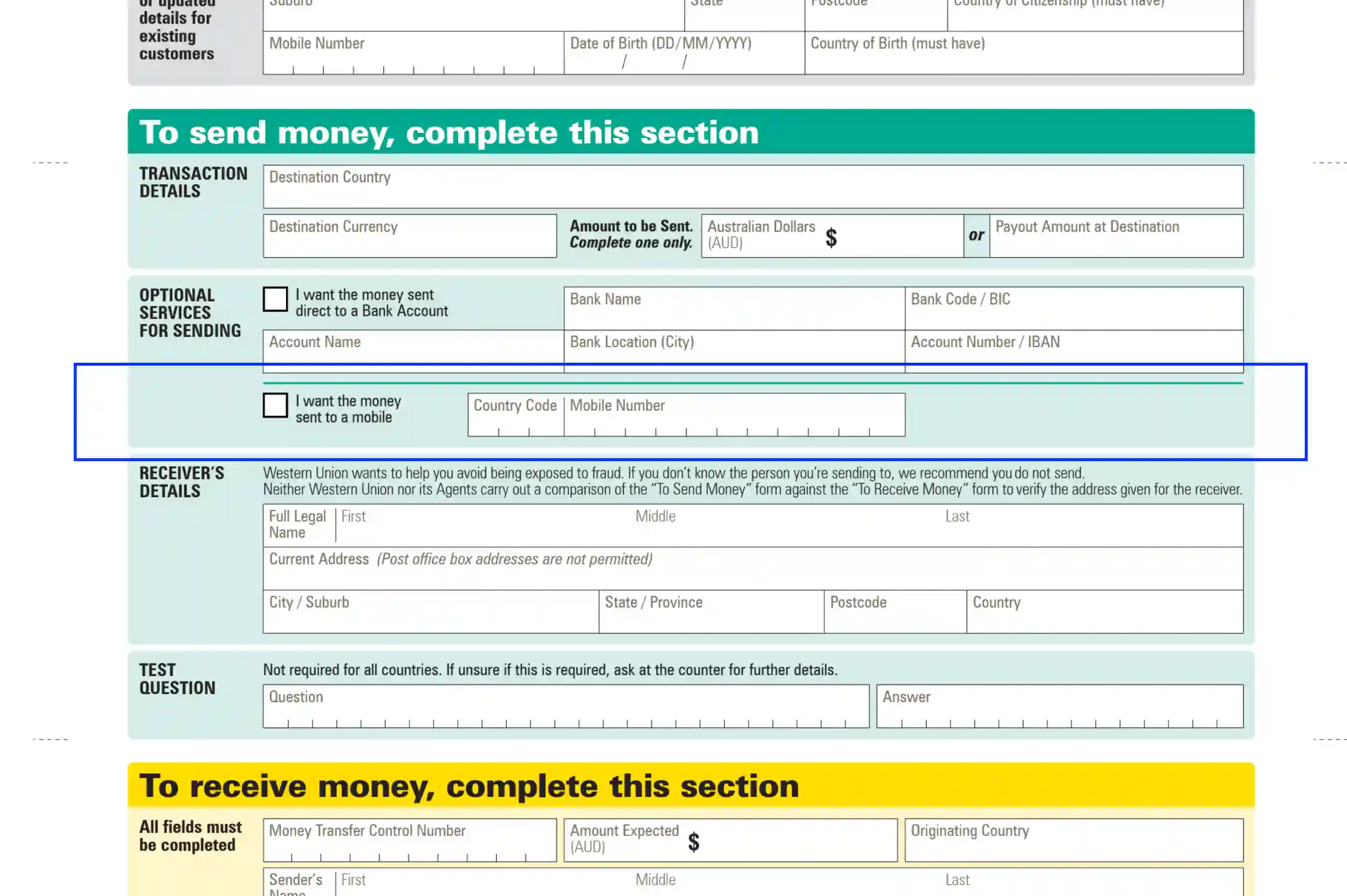 step 3.3 - to a mobile - filling out western union form.