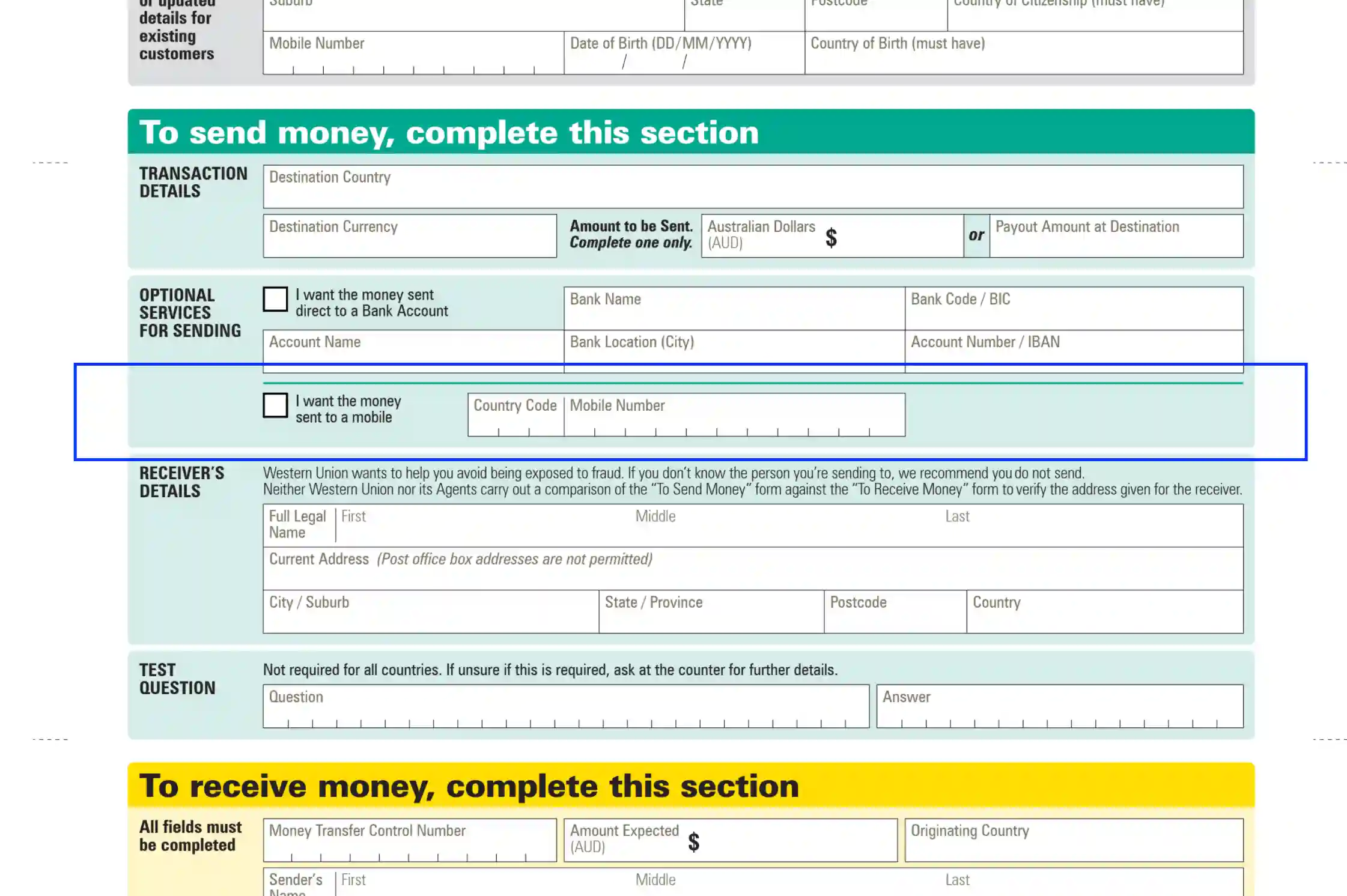 western union form fill out printable pdf forms online