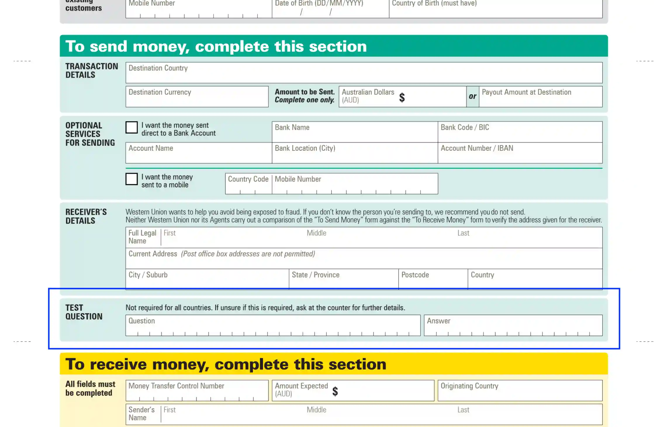 Filling out western union deals money order