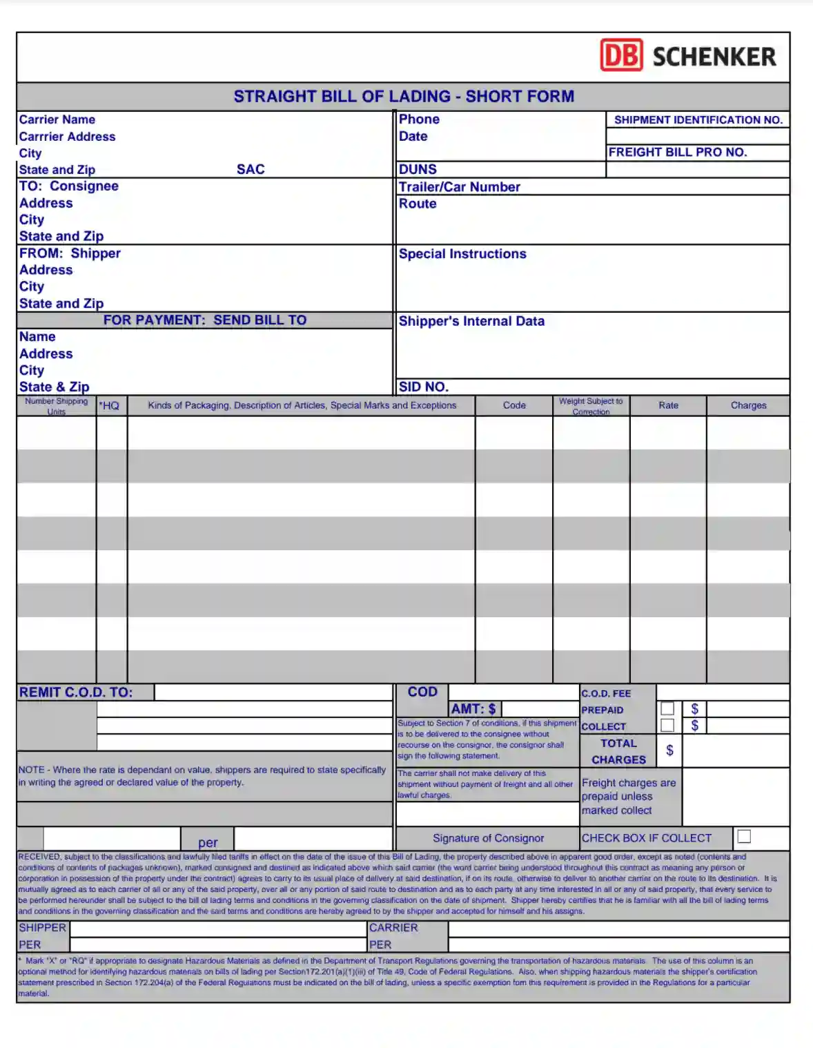 Straight Bill Of Lading Form Fill Out Printable BOL Short Form