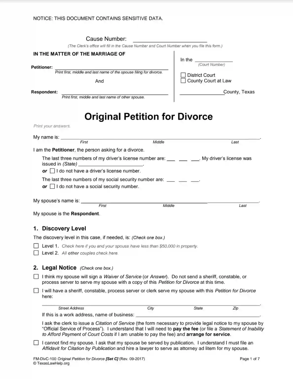 texas law help fm-divc-100 original petition for divorce set c