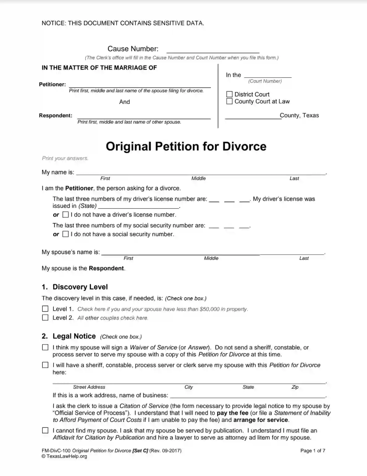 Texas Law Help Fm Divc 100 Original Petition For Divorce Set C Fill