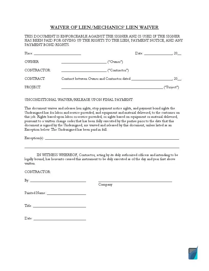 Free Unconditional Lien Release Form (Waiver Template)