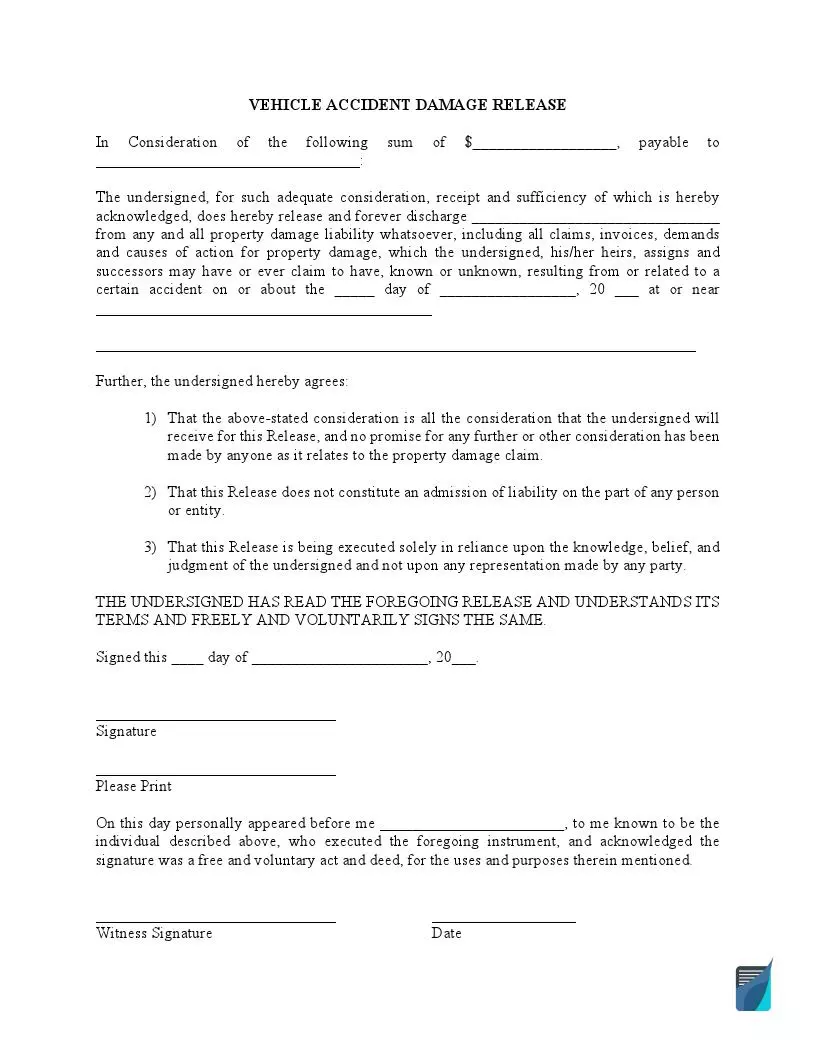 vehicle accident damage release form