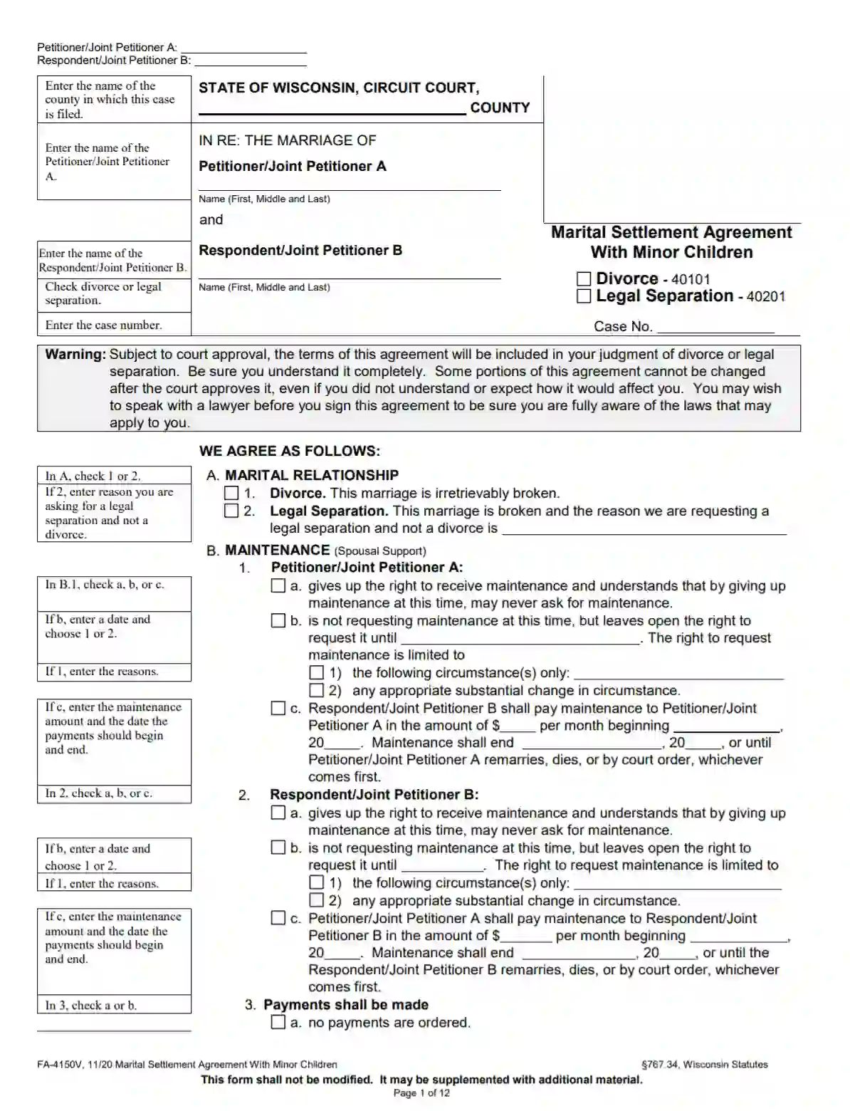 Wisconsin Divorce Marital Settlement Agreement Form PDF 