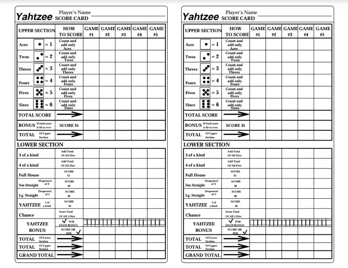yahtzee score card