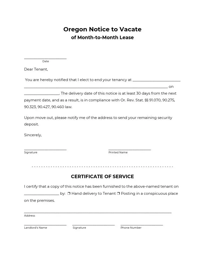 Free Oregon Lease Termination Form OR 30 day Notice