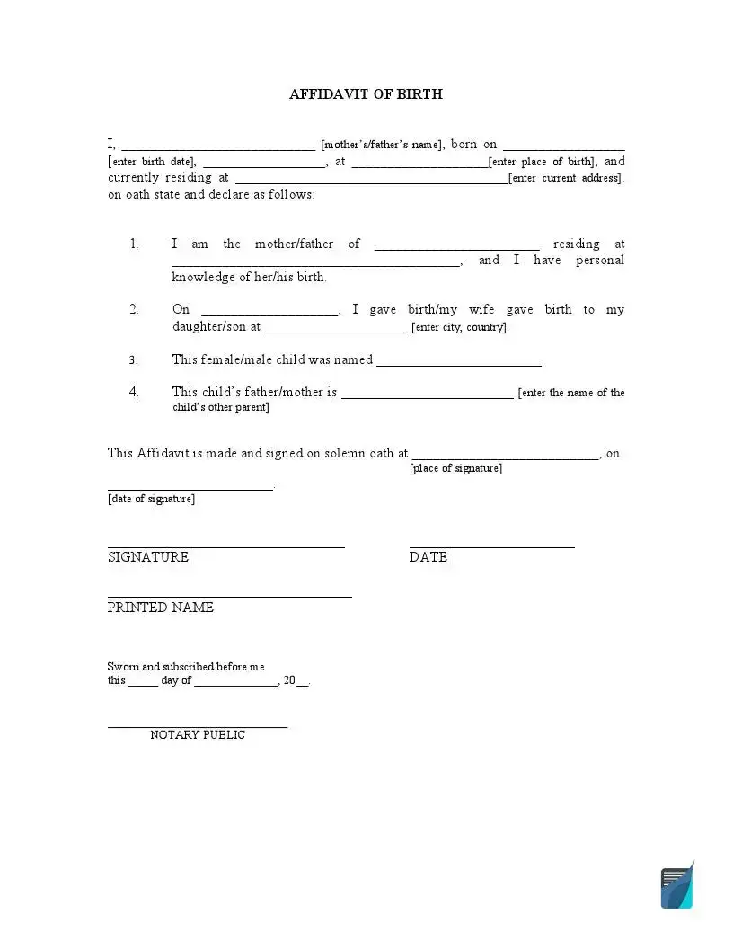 Free Affidavit Of Birth Template Fillable PDF Form 