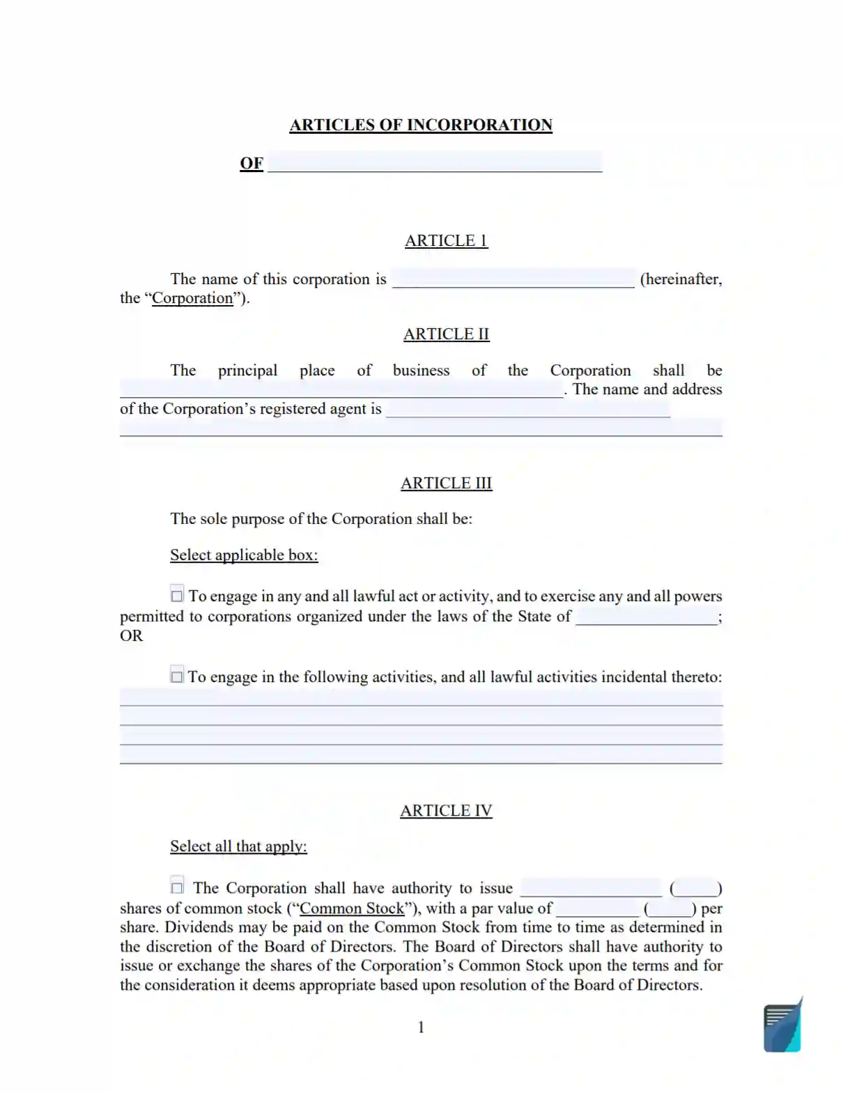 articles of incorporation form