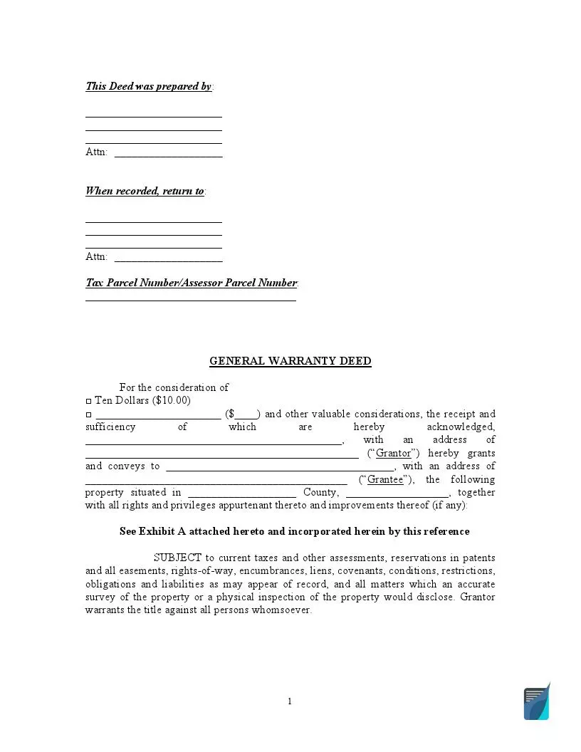 Free General Warranty Deed Form Fillable PDF Template 