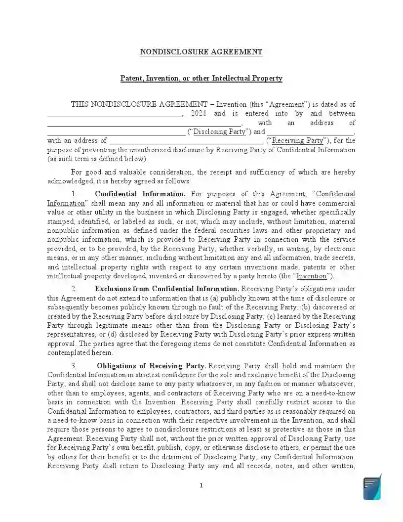 Free Invention (Patent) Non Disclosure Agreement Template