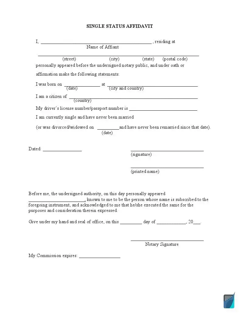 Free Single Status Affidavit Form Fillable PDF Template 