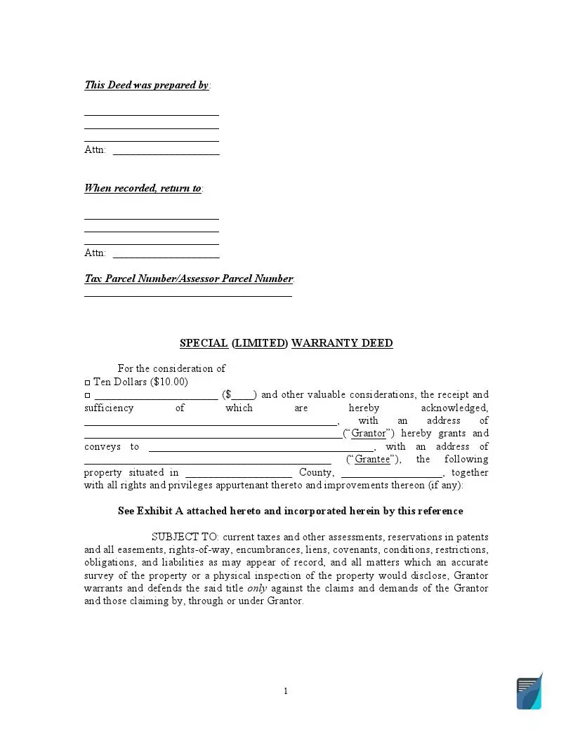 Free Special (Limited) Warranty Deed Form [PDF Template]