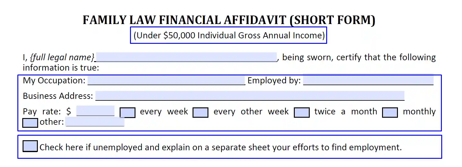 step 2 indicate your name and place of work filling out a florida financial affidavit short form