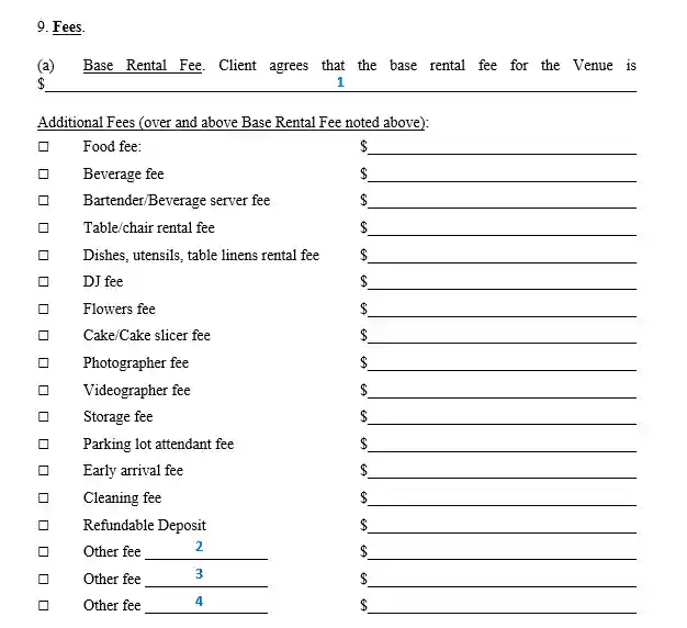 step 7.1 finalize the fees - filling out the wedding venue contract form