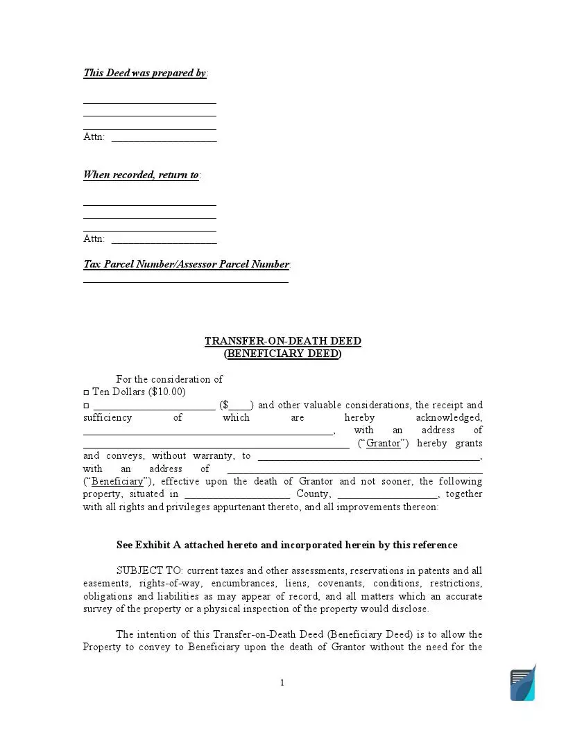 Free Transfer On Death Tod Deed Form Pdf Template 