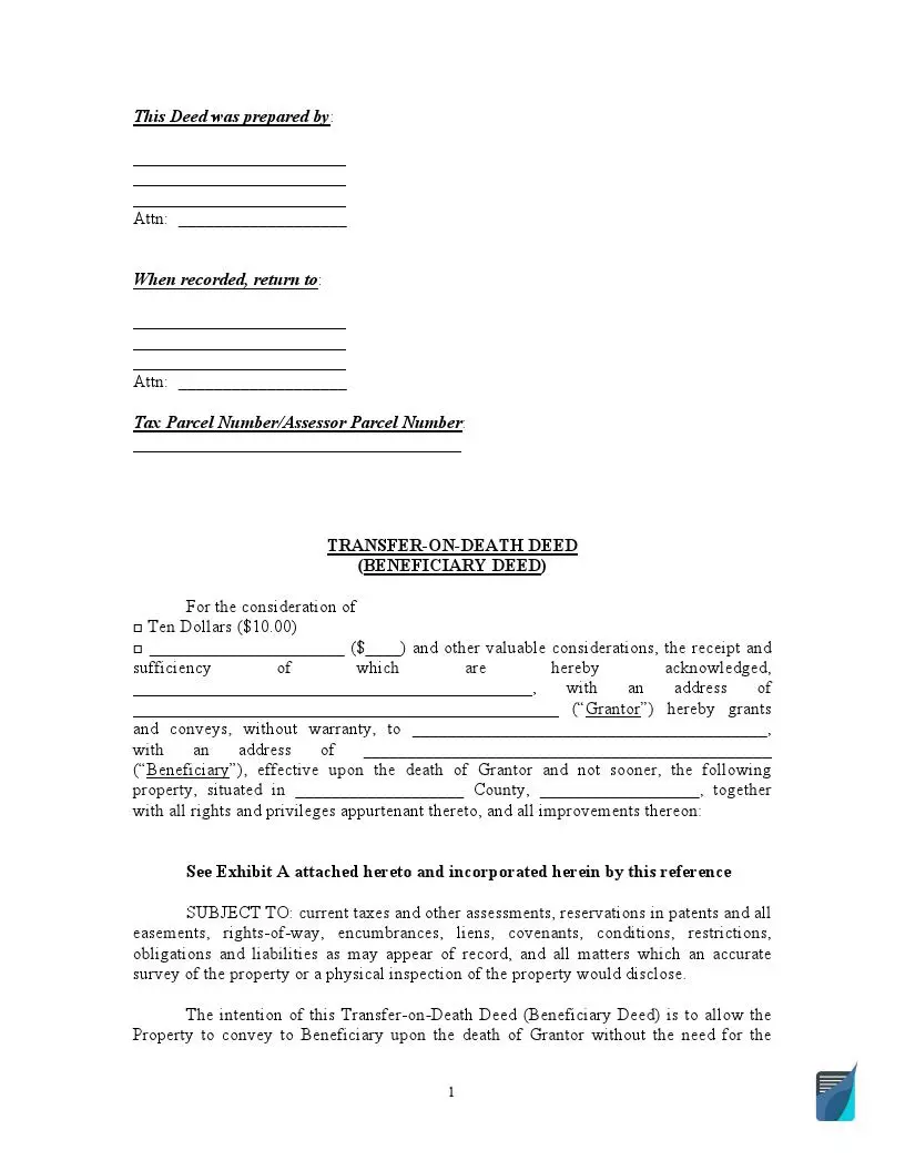 Free Transfer On Death TOD Deed Form PDF Template 