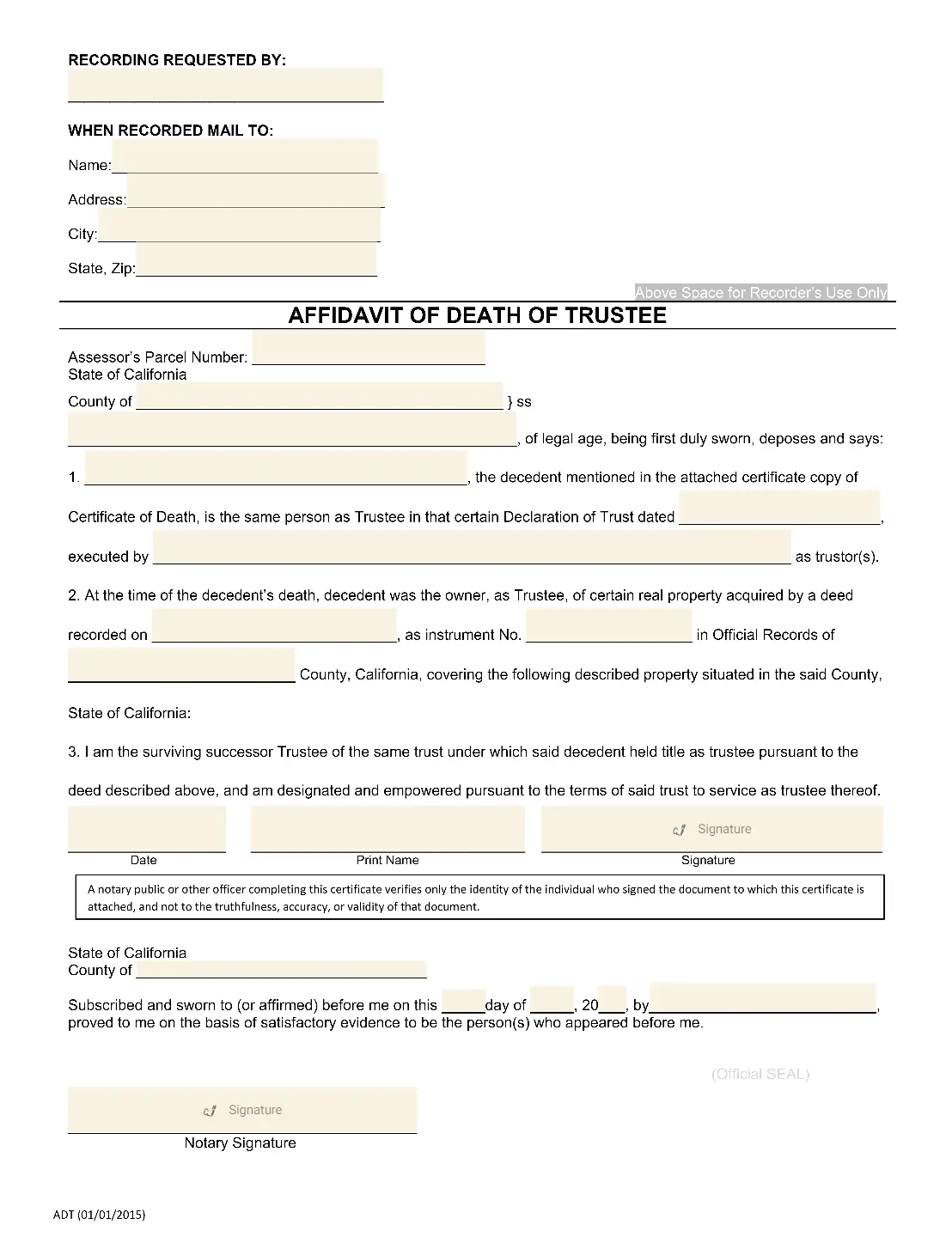 california affidavit of death of a trustee