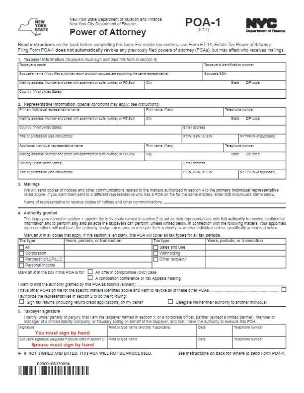 new york tax power of attorney form