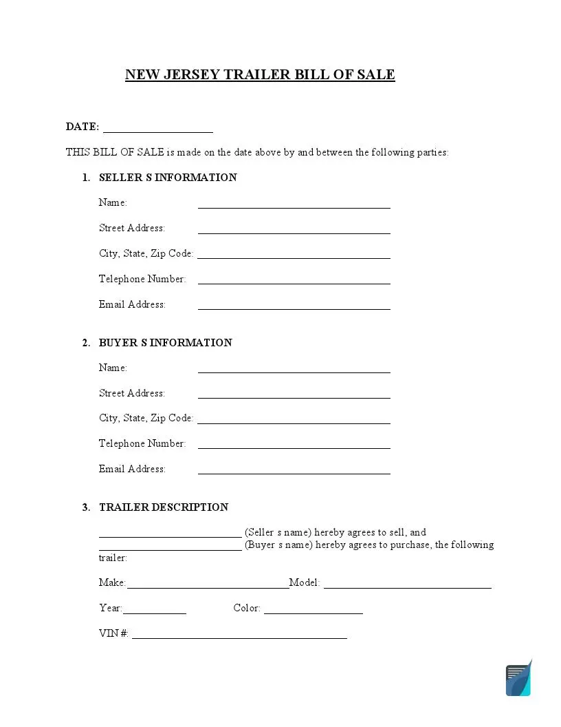 New Jersey Trailer bill of sale template preview