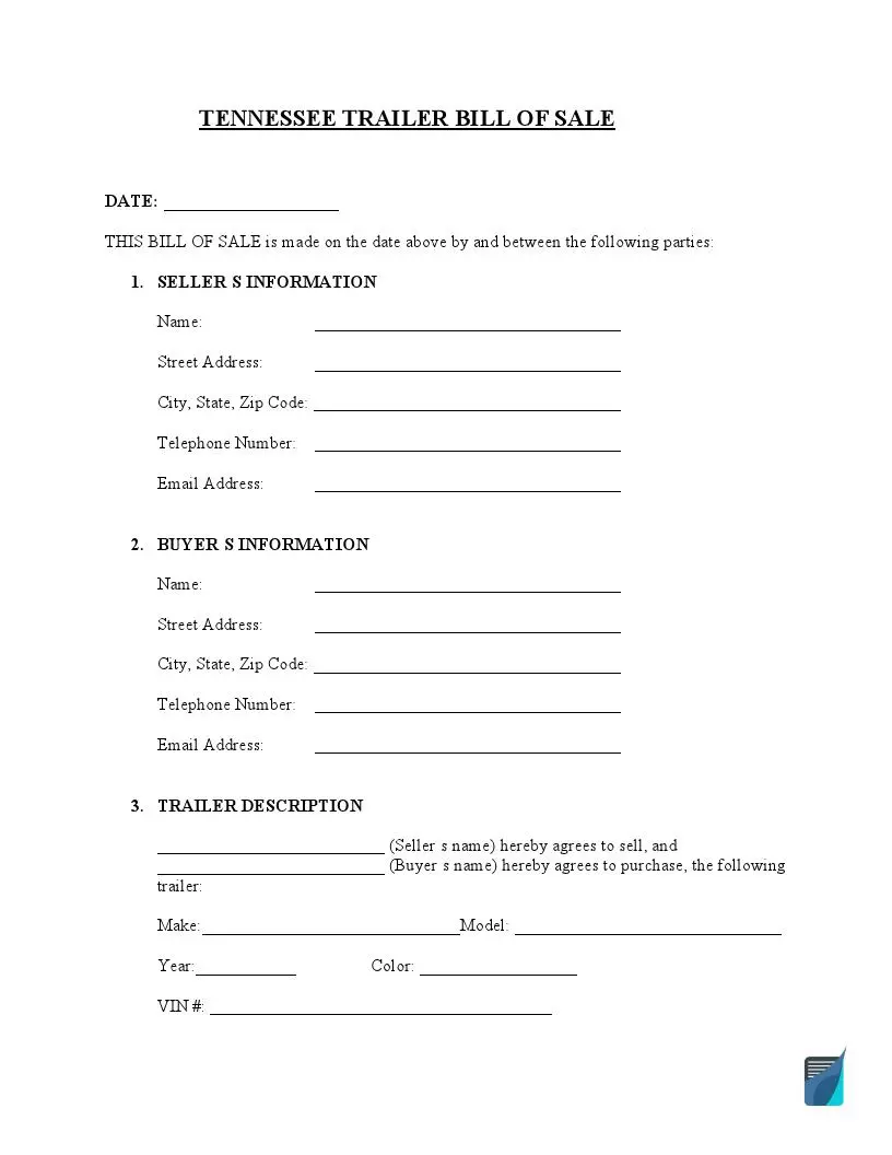 Tennessee Trailer bill of sale template