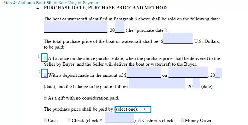 step 4 to filling out an alabama boat bill of sale form - way of payment
