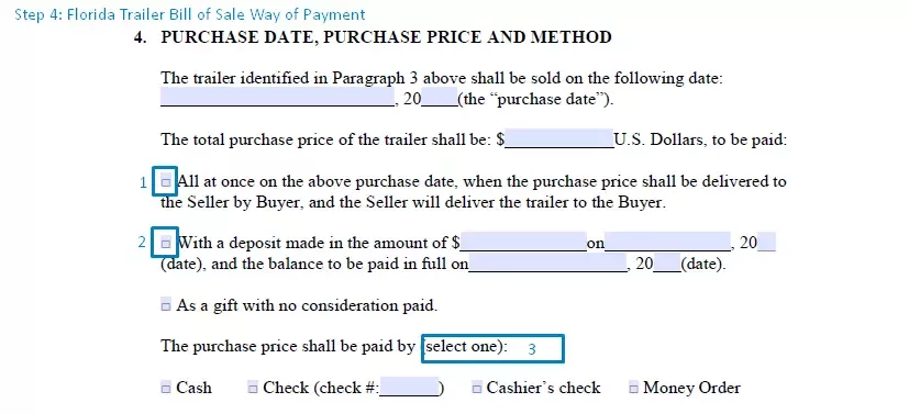 step 4 to filling out a florida trailer bill of sale example - way of payment
