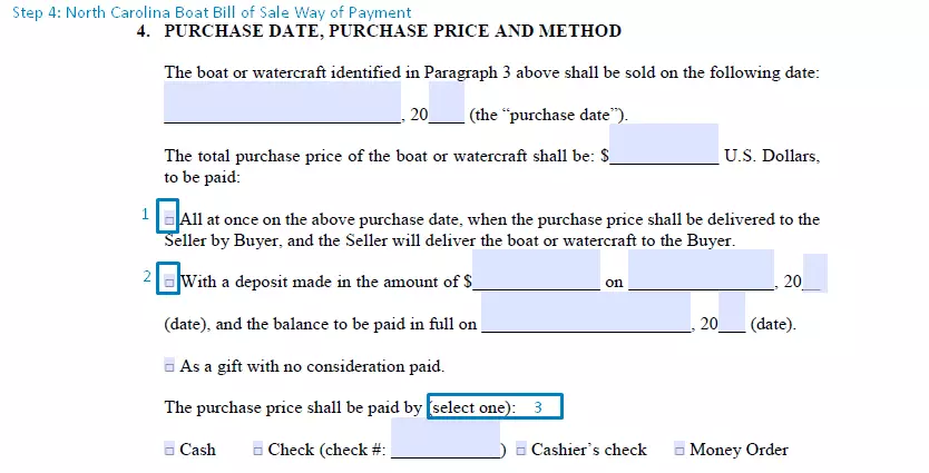 step 4 to filling out a north carolina boat bill of sale form - way of payment