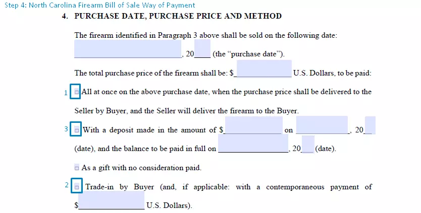 step 4 to filling out a north carolina firearm blank bill of sale way of payment