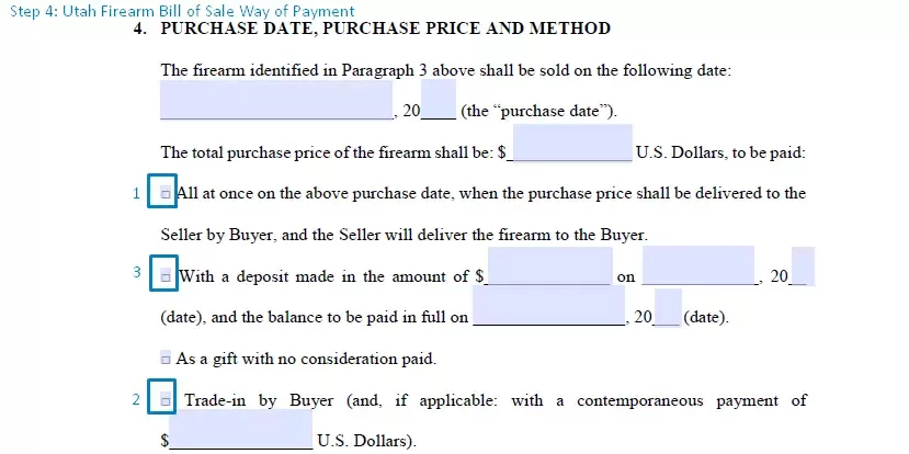 step 4 to filling out an utah firearm blank bill of sale - way of payment