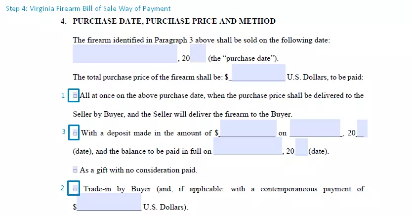 step 4 to filling out a virginia firearm bill of sale form way of payment