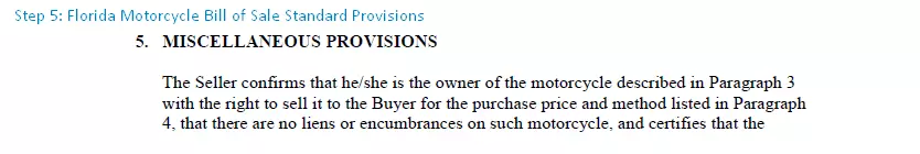 step 5 to filling out a florida motorcycle bill of sale form standard provisions