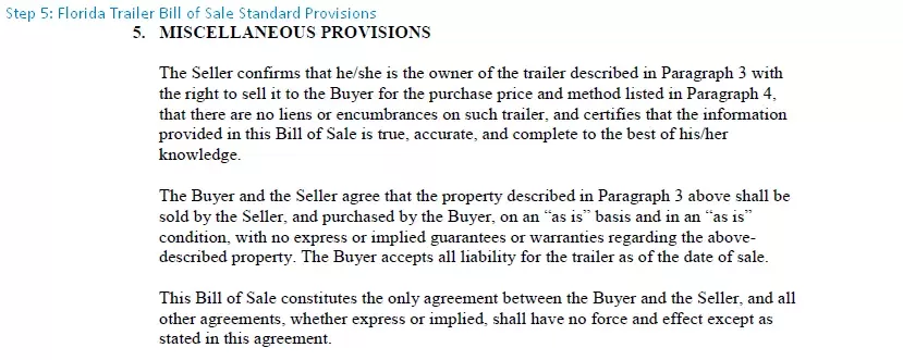 step 5 to filling out a florida trailer bill of sale form standard provisions