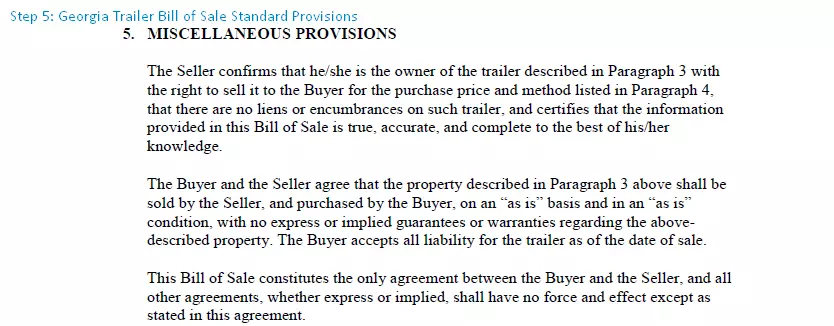 step 5 to filling out a georgia trailer bill of sale template standard provisions